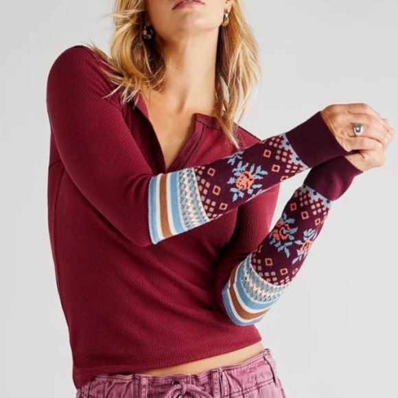 Free People Sweaters - Free People Mikah Layering Fair Isle Cuff Henley Thermal Top Wine Combo M NWT
